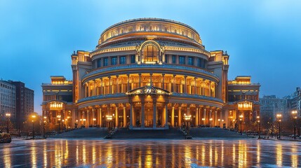 Illuminated grand opera house at twilight, reflecting in icy square.