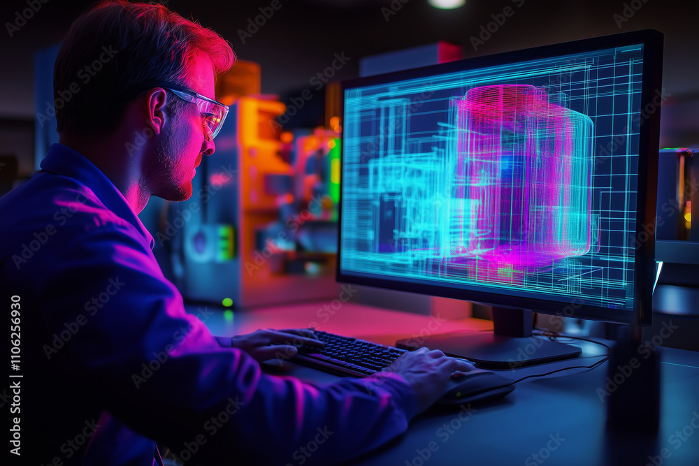 Poster Engineer conducts data analysis in high-tech control room during evening hours