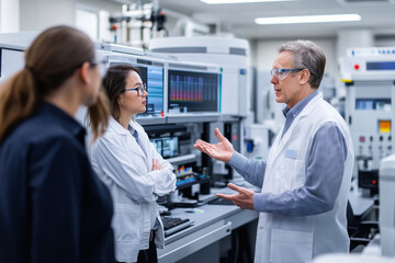 Fototapeta premium Specialists engage in a collaborative discussion at a modern laboratory