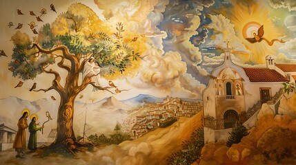 An Artistic Fresco Depicting Santa Dulce's Acts of Compassion and Healing, Portraying Her Sacred Dedication to Service, Love, and the Uplifting of Others with Grace and Devotion