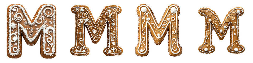 Obraz premium Alphabet M, made with gingerbread cookie, Logo design, letter, isolated on a transparent background
