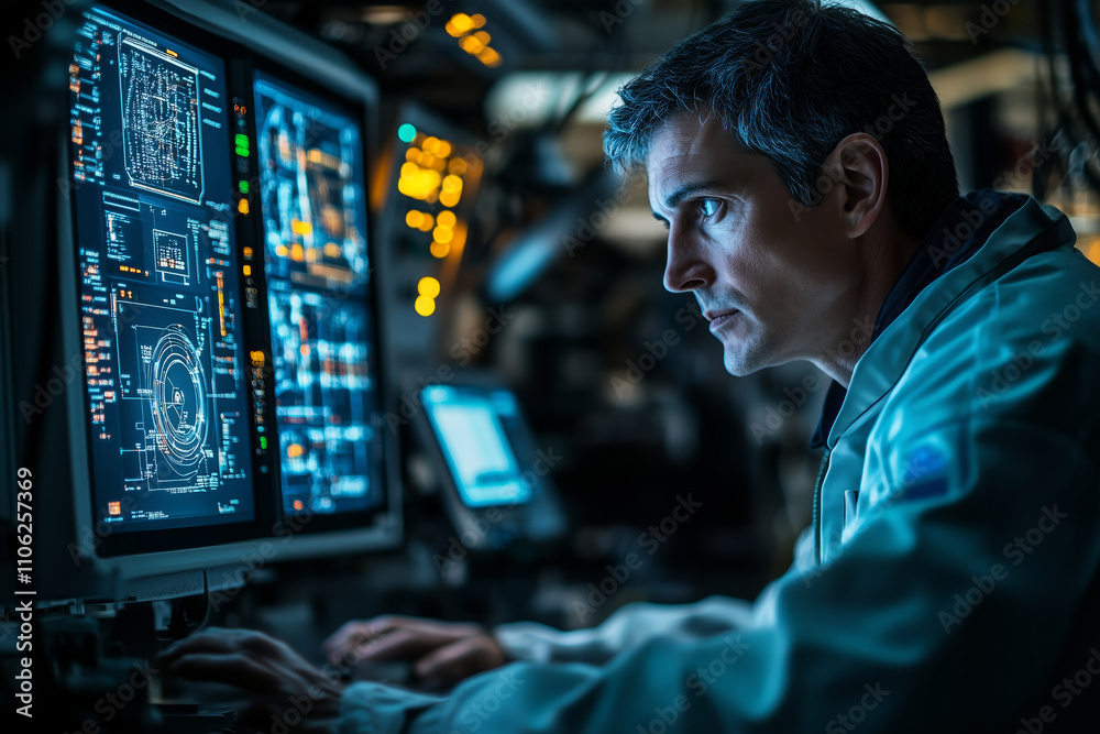 Poster Monitoring advanced CNC machinery in a high-tech manufacturing environment