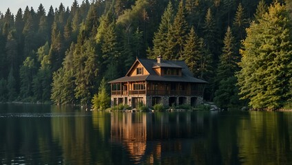 Naklejka premium House on a lake surrounded by trees.