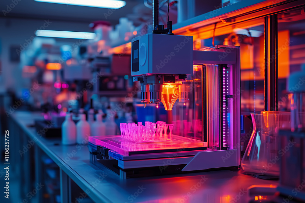 Poster futuristic printing lab showcasing advanced technology and vibrant lighting