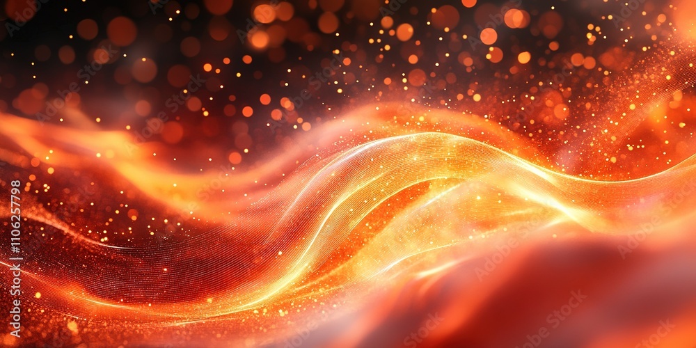Poster abstract orange and red wave patterns with glowing particles creating a dynamic visual effect in a d