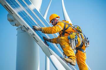 Electricians engaged in crucial safety work on solar panels at wind farm