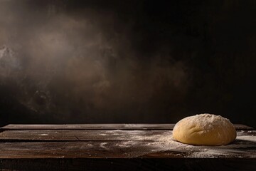 Dough on wooden table on dark background with space for an object in a bakery