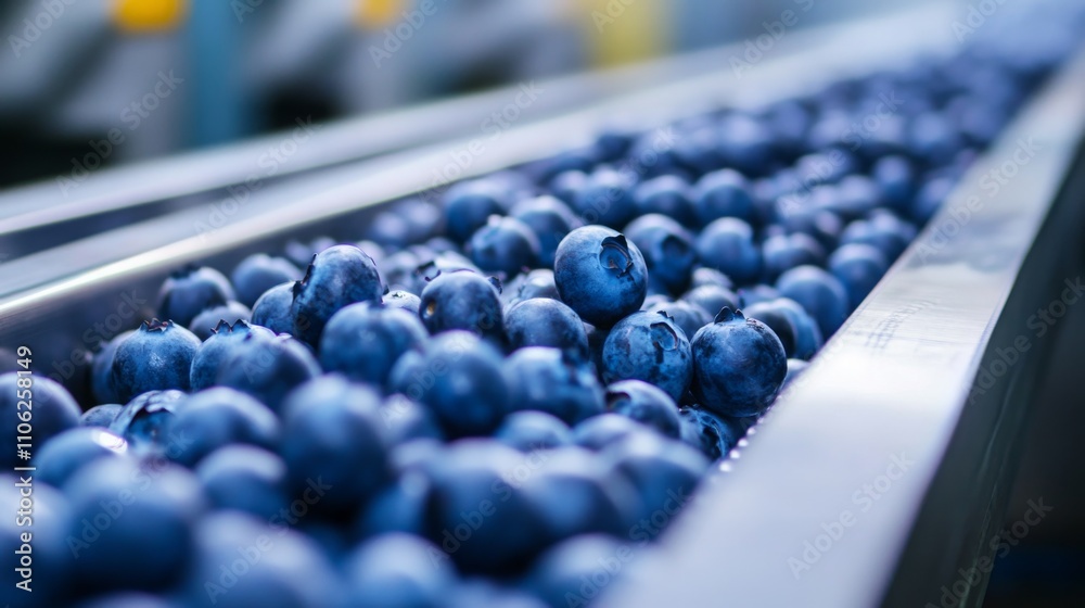 Aufkleber fresh blueberries flow along a conveyor belt in a juice production facility. workers monitor the pro