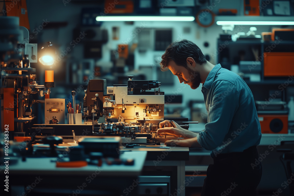 Poster Modern mechanic dedicated to precision work in a well-equipped workshop setting