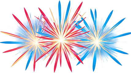Vivid firework starbursts in red, blue, and gold, isolated for New Year celebration promotions or invitations.