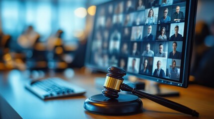Gavel and computer screen showing a virtual meeting.
