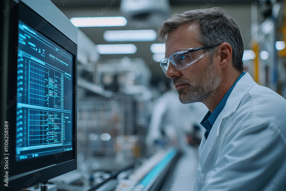 Poster Production technologist examining data in a high-tech laboratory environment