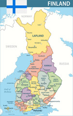 Finland Map Vector New 2024 Colorful - Customizable layered political map of Finland with administrative divisions for website, education, reports, news, politics, print, poster and wallpaper