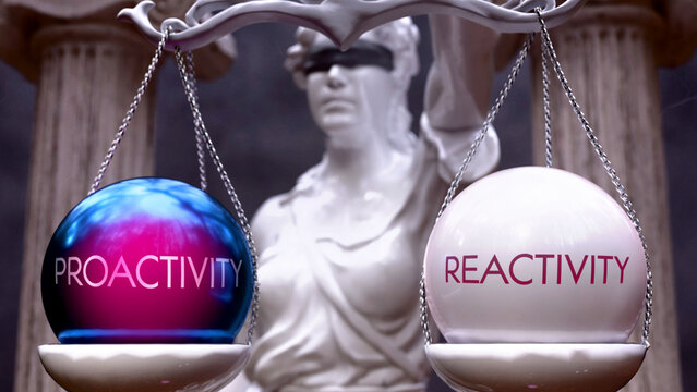 Proactivity or Reactivity as a choice, two options to choose from. Greek statue presenting two alternatives: proactivity or reactivity, weighing their values. ,3d illustration