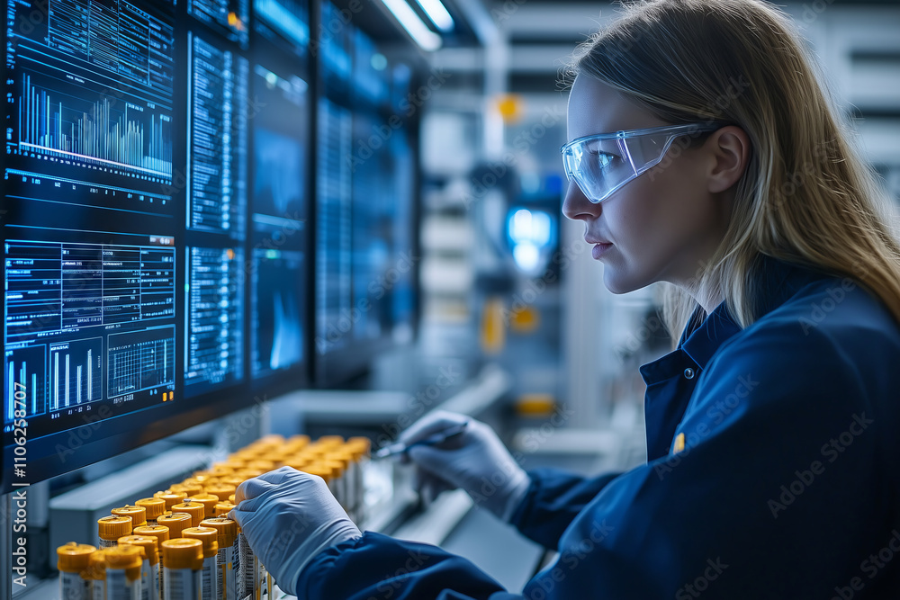 Aufkleber Quality control inspector evaluates products while analyzing data reports