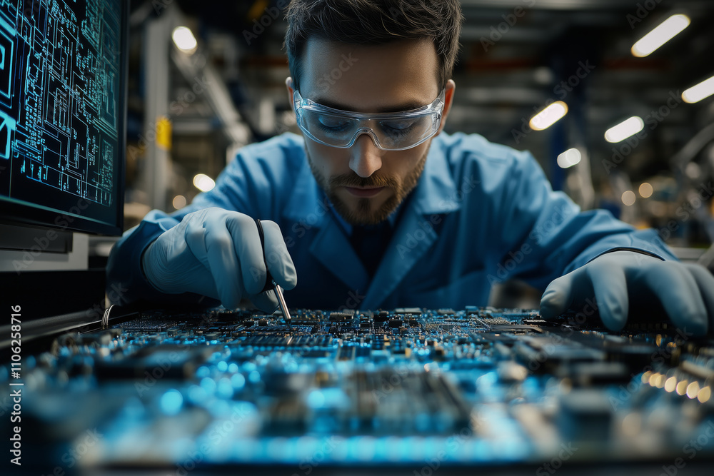 Poster qc specialist inspecting circuit boards in a factory