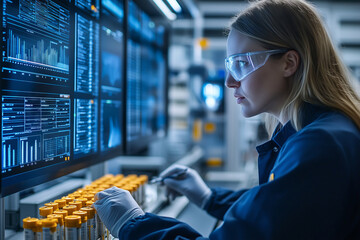 Quality control inspector evaluates products while analyzing data reports