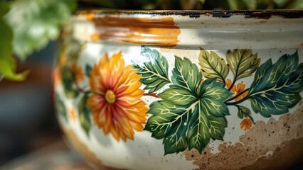 Artistic ceramic pot with floral designs and greenery