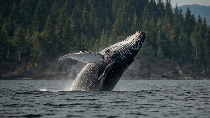Obraz premium Humpback whale blowing water off Vancouver Island.