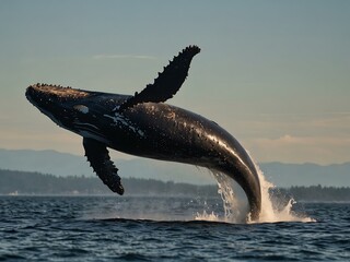 Obraz premium Humpback whale breaching in Vancouver Island.