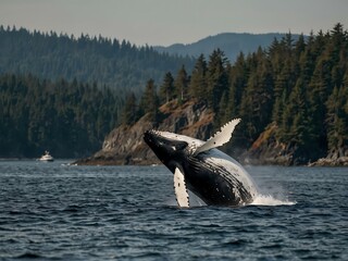 Fototapeta premium Humpback whale breaching in Vancouver Island.