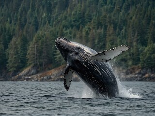 Fototapeta premium Humpback whale breaching off Vancouver Island.