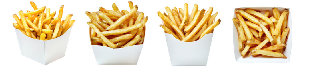 Fried French fries in white carton box, blank package design mockup, set collection on transparent cutout background, PNG file. Mockup clipart template