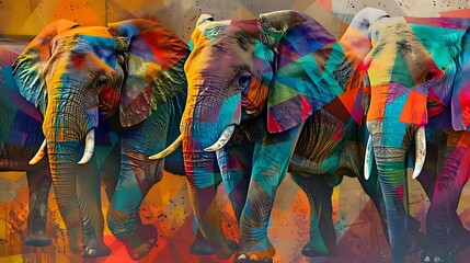 An Artistic Interpretation of Elephants Created with Bold Brushstrokes and Intricate Details, Capturing Their Majesty, Wisdom, and Grace in a Vibrant, Emotional Composition