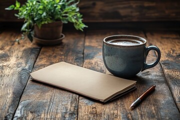 Cup of coffee and a notebook on a wooden table