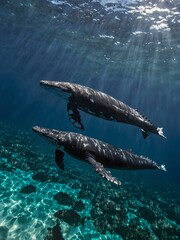 Naklejka premium Humpback whales swimming in clear waters around Tahiti.