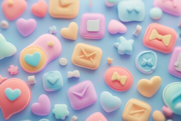 Naklejka premium Playful Pastel 3D Social Media Icons - Cute, colorful 3D social media icons, hearts, messages, bows, playful design, digital art.