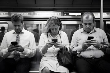 People on Phones in a Subway, Capturing Modern Urban Life with Passengers Immersed in Their Screens During a Commute