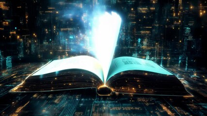 An open book unveils a vibrant digital world of glowing data streams and futuristic cityscapes.