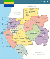 Fototapeta premium Gabon Map Vector New 2024 Colorful - Customizable layered political map of Gabon with administrative divisions for website, education, reports, news, politics, print, poster and wallpaper