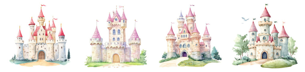 Obraz premium Watercolor illustration of dreamy Castle set collection on transparent cutout background, PNG file. Mockup clipart template
