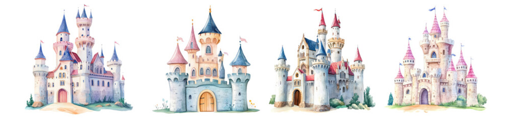 Watercolor illustration of dreamy Castle set collection on transparent cutout background, PNG file. Mockup clipart template