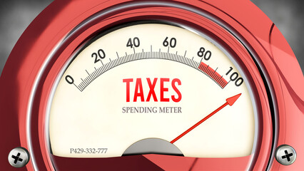 Taxes and Spending Meter that is hitting a full scale, showing a very high level of taxes, overload of it, too much of it. Maximum value, off the charts. ,3d illustration