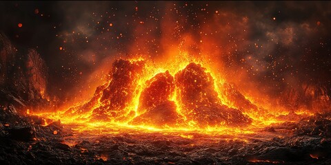 Erupting volcano spewing lava and ash in dramatic display of natural power and beauty