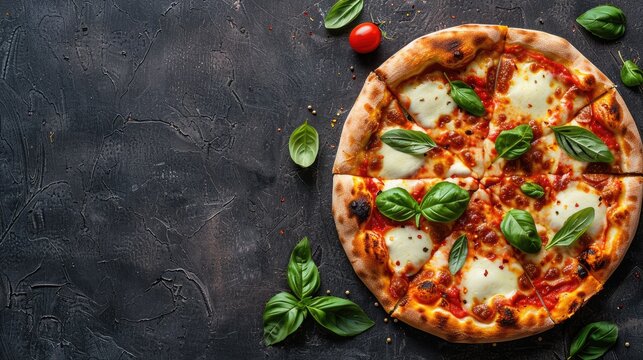Tasty Margherita pizza and toppings on dark table, top view. Text space
