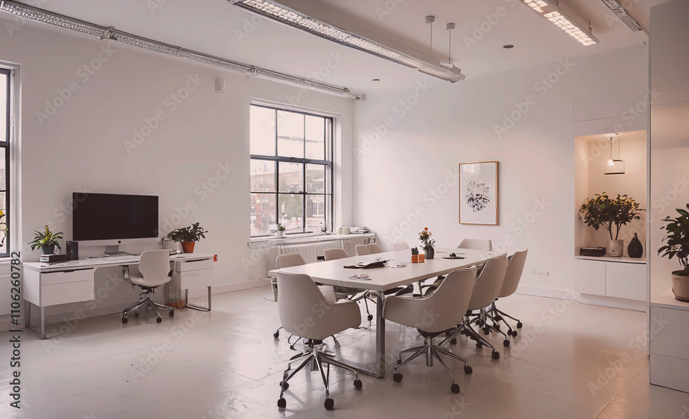 Aufkleber large open office space with a long table and chairs. a television is on the left side of the room