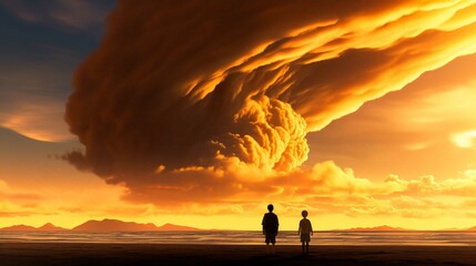 Fototapeta premium Romantic Sunset Couple Walking on Beach with Silhouette Against Orange Sky