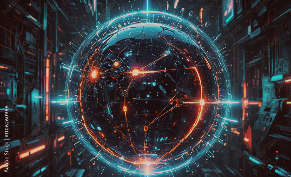 Poster glowing sphere with a lot of lines and dots on it. the sphere is surrounded by a lot of wires and li