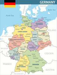 Obraz premium Germany Map Vector New 2024 Colorful - Customizable layered political map of Germany with administrative divisions for website, education, reports, news, politics, print, poster and wallpaper