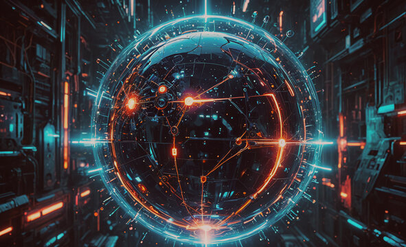 Glowing sphere with a lot of lines and dots on it. The sphere is surrounded by a lot of wires and lights