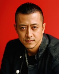 Fototapeta premium 赤い背景の前でポーズをとる男性の肖像