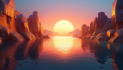 3d render futuristic landscape with cliffs and water modern minimal abstract background spiritual zen wallpaper with sunset or sunrise light