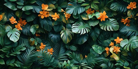 Naklejka premium Vibrant green leaves and orange flowers create a lush tropical backdrop in a sunny garden