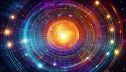 bright concentric circles made of glowing dots radiating outwards in a digital space top view visualizes the expanding universe digital tone vivid colors