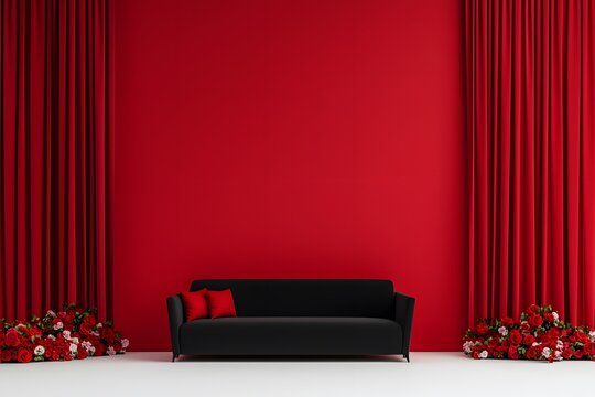 Black sofa set against a bold red background, creating a striking contrast that emphasises modern design, luxury, and contemporary style in an interior space.