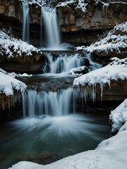 Icy waterfall cascading in winter.